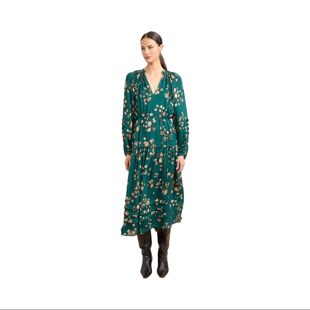 La Ligne Seraphine Green Floral Long Sleeve Midi Dress